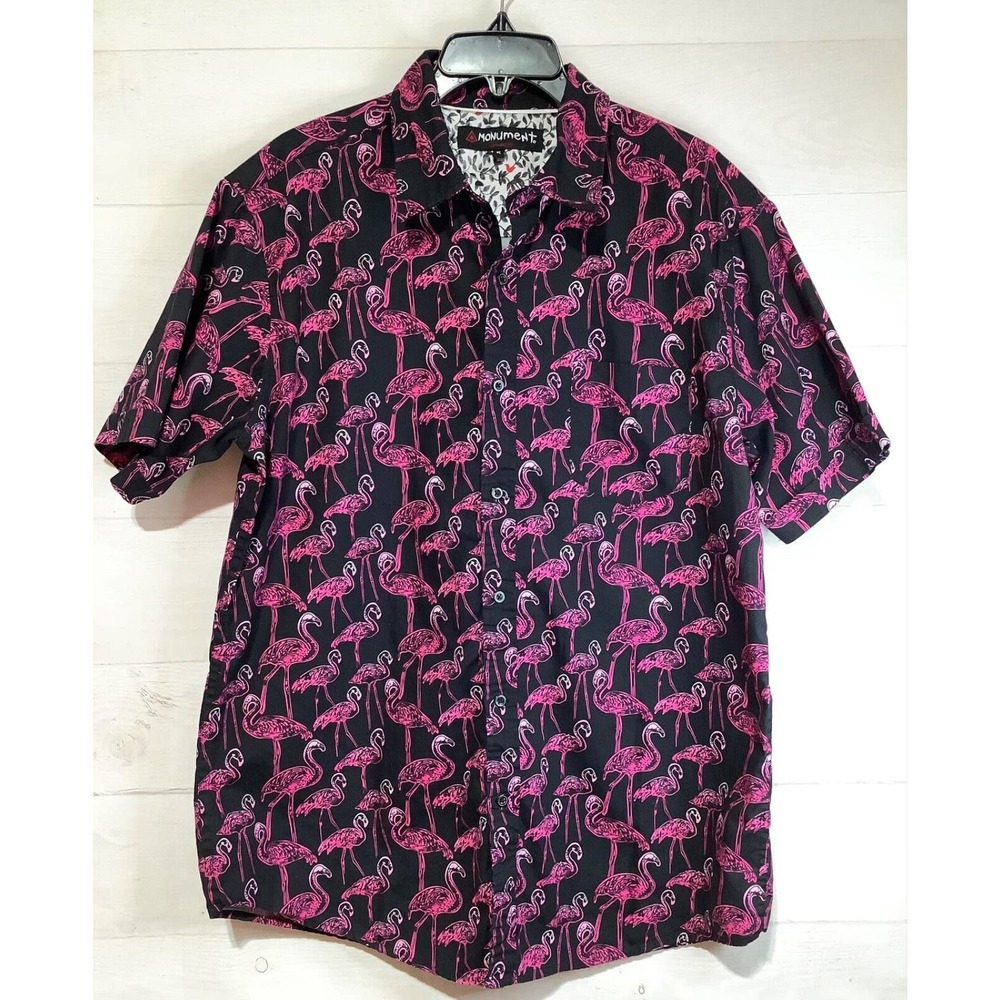 MONUMENT CLOTHING CO sz mens L/XL button down black pink flamingo Hawaiian shirt